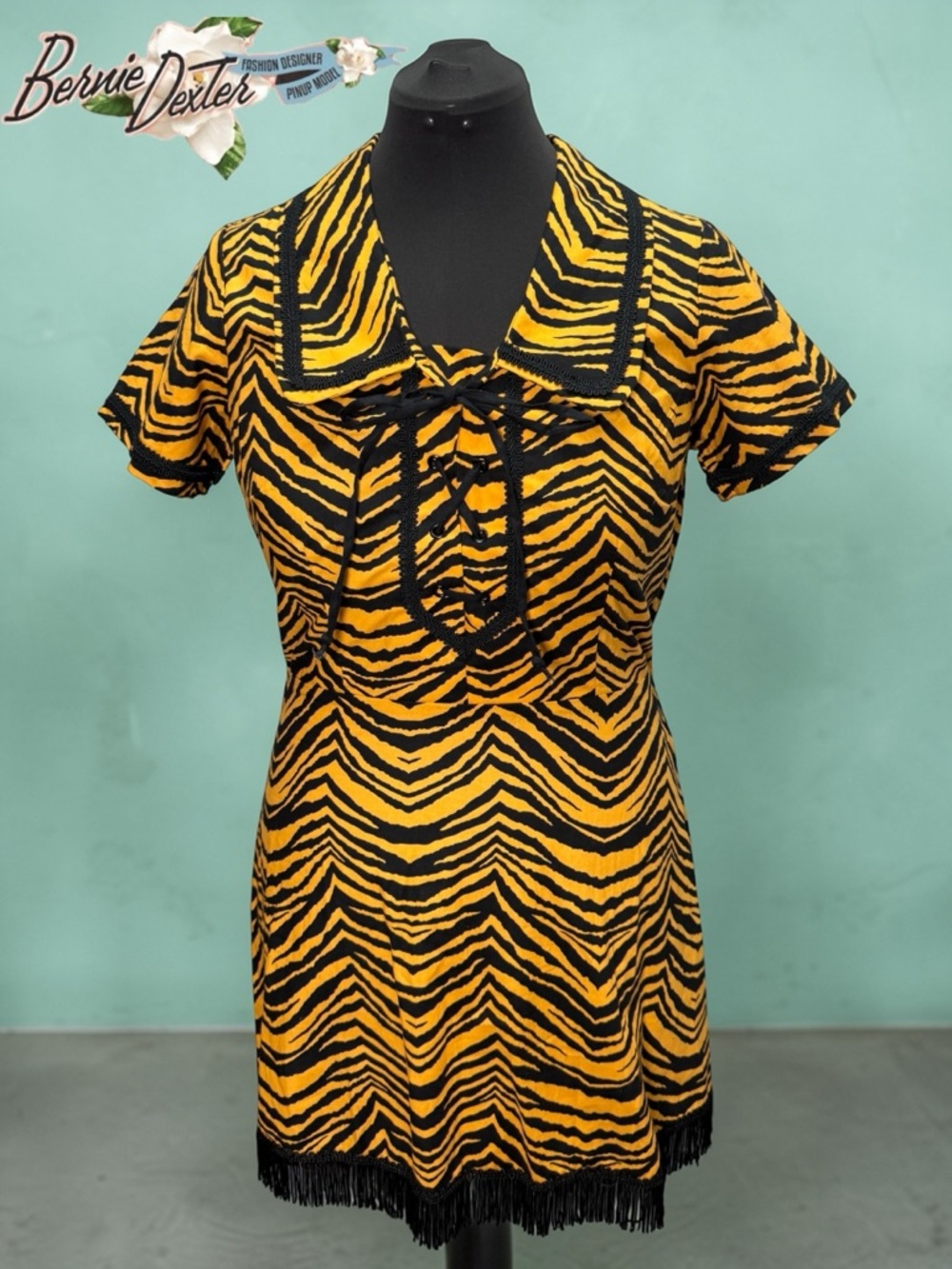 Bernie Dexter Tiger-Stripe Fringe Mini Dress in Yellow & Black Sz XL